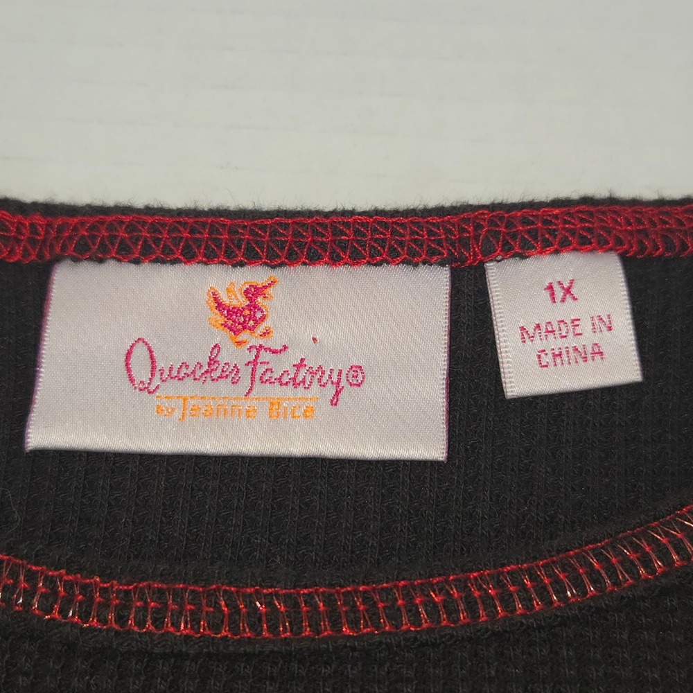 Quacker Factory Waffle Knit Top Women 1X Black Fall Leaves Embroidered Casual - Picture 2 of 11